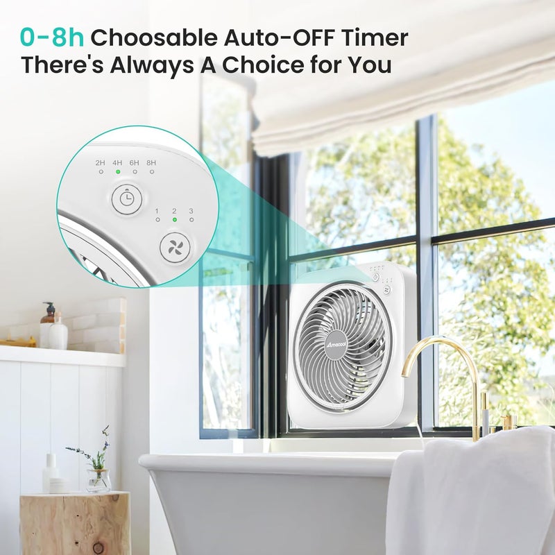 AMACOOL Table Fan, 12 inch Box Fan with 3 Adjustable Speeds & 8HRS Timer, 270° Pivoting Quiet Air Circulator, Desktop Fan for Bedroom Bathroom Kitchen Office, AC Adapter Included-White - Image 4